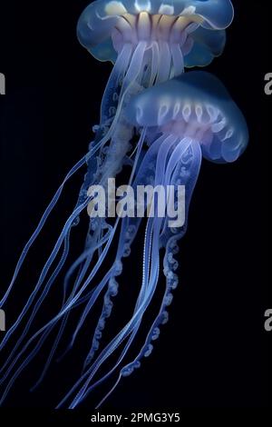 Les méduses luisants nagent au fond de la mer bleue. Méduses blanches dansant dans l'eau bleu foncé de l'océan Banque D'Images