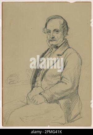 Dessin, Man assis; Daniel Huntington (américain, 1816–1906); États-Unis; Graphite sur papier verso vert-gris: Graphite, craie blanche sur papier vert-gris; 24,5 x 17,7 cm (9 5/8 x 6 15/16 po.); Béquest d'Erskine Hewitt; 1938-57-1042 Banque D'Images