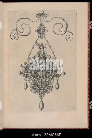 Imprimé, planche 3, de Monilium Bullarum Inauriumque Artificiocissimae Icones, Ioannis Collaert Opus Postremum (dessins pour colliers, Pendentifs et boucles d'oreilles de la plus haute compétence, l'œuvre finale de Joannis Collaert); conçu par Hans Collaert l'aîné (flamand, ca. 1530 - 1581); publié par Philips Galle (flamand, 1537 - 1612); pays-Bas; gravure sur papier, posée et dorée Banque D'Images