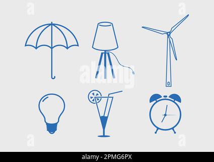 Ensemble de différentes icônes plates, énergie éolienne, lampe, ampoule, parapluie, cocktail et horloge Illustration de Vecteur