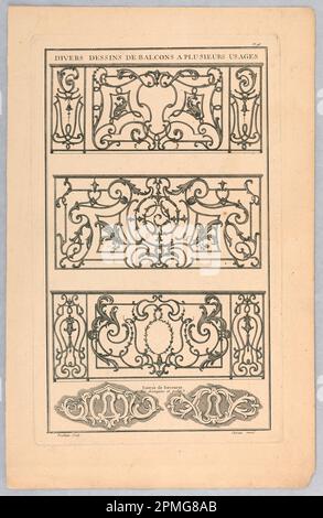 Print, entrée de Serrures, planche 98 de divers dessins de balcons à plusieurs usages (variété de dessins de balcon); conçu par Claude René Gabriel Poulleau (français, n.1749); gravure sur papier Banque D'Images