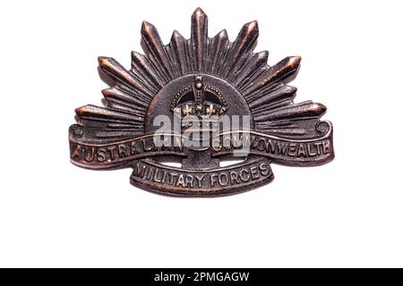 Insignes militaires australiens, soleil levant ou insigne des Forces militaires du Commonwealth australien. Jour DE L'ANZAC, 25 avril, Banque D'Images