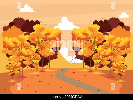 Magnifique paysage d'automne design, arbres, feuilles automne Illustration de Vecteur