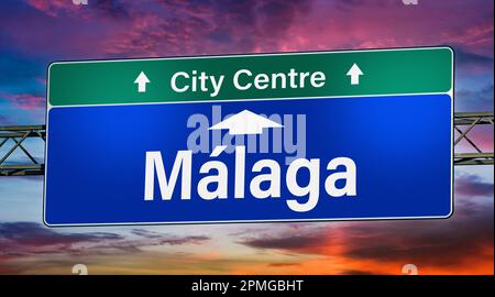 Panneau indiquant la direction de la ville de Malaga. Banque D'Images