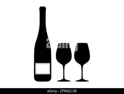 Bouteille de vin avec deux verres icône Illustration de Vecteur