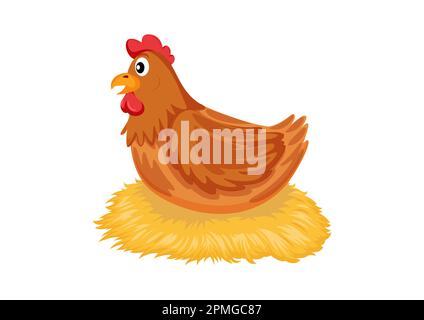 Caricature de poule incubant ses œufs sur un nid de paille. Illustration d'une poule assise dans un nid d'œufs d'incubation Illustration de Vecteur
