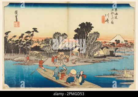 Woodblock Print, Ferry à Rokugo, dans les cinquante-trois stations de la route Tokaido (Kawasaki, Rokugo Watashi-bune Tokaido Gojusan Tsugi-no Uchi); Ando Hiroshige (japonais, 1797 - 1858); Japon; imprimé boisés (ukiyo-e) sur papier mûrier (washi); 24,1 x 36,1 cm x 9 1/2 cm x 14 3/16 cm x cm. Banque D'Images