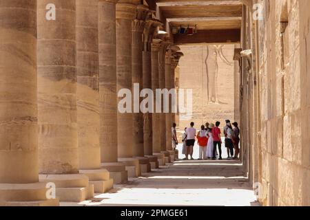 Un guide touristique qui dirige un groupe de touristes au temple de Philae à Assouan, en Égypte Banque D'Images