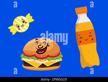 Happy cartoon Food collection sur fond bleu Illustration de Vecteur
