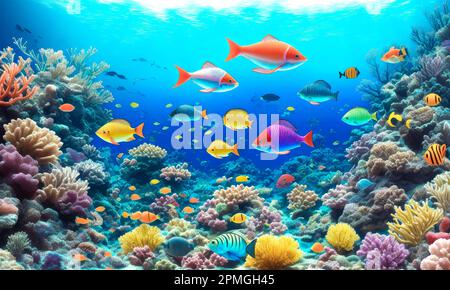 Monde sous-marin. Récif de corail et poissons. Arrière-plan de récif de corail sous-marin. Poissons sous-marins tropicaux sur le récif de corail. Aquarium océanographie faune. Banque D'Images
