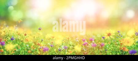 Bannière de fond de fleur naturelle ressort d'été. Fleurs sauvages par beau temps ensoleillé avec beau bokeh. Jardin ensoleillé à la lumière du soleil sur la nature à l'extérieur. wid Banque D'Images