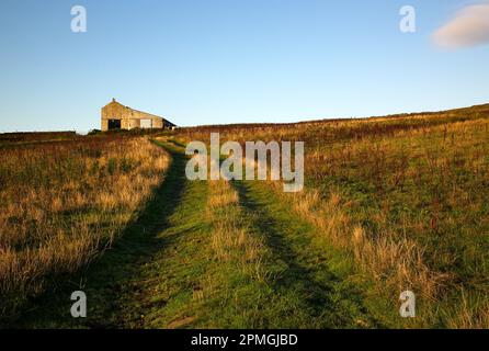 Photographie couleur d'un bâtiment de piste et d'une ferme, Kirkhaugh, Northumberland, Angleterre, Royaume-Uni, 2022. Banque D'Images