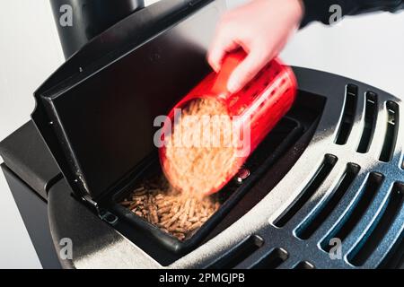 Gros plan sur les granulés, poêle à granulés de bois domestique noir, homme chargeant à la main des granules avec une tasse rouge imprimée de 3 jours Banque D'Images
