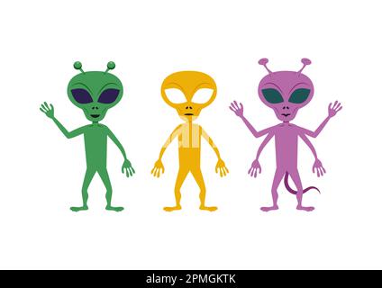 Ensemble de trois extraterrestres colorés dans différentes positions. Illustration vectorielle de trois étrangers différents Illustration de Vecteur