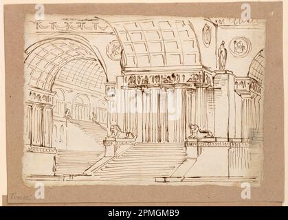 Dessin, conception de scène, ancien bâtiment avec coffres-forts; conçu par Angelo Toselli (vers 1765? – 1826); Italie; encre de plume et de bistre sur papier Banque D'Images