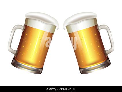 Deux tasses de bière isolées sur fond blanc. Tasse à bière réaliste Illustration de Vecteur