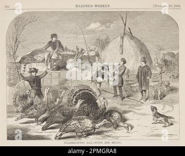 Imprimé, jour de Thanksgiving – moyens; Winslow Homer (américain, 1836–1910); publié par Harper's Weekly; États-Unis; gravure en bois à l'encre noire sur papier; image: 17,5 × 23,5 cm (6 7/8 × 9 1/4 po) Banque D'Images