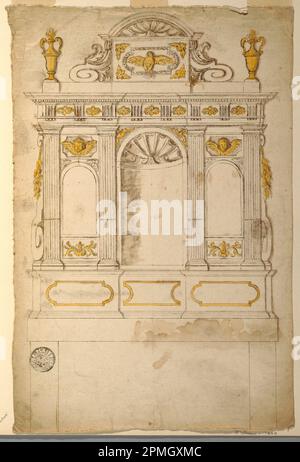 Dessin, élévation d'un autel pouvant être remis à neuf pour un projet; Italie; lignes incisées; craie noire, stylo, encre, pinceau, jaune, brun grisâtre, couleur de l'eau sur papier ; 43,5 × 29 cm (17 1/8 × 11 7/16 po.) Banque D'Images