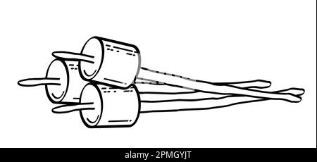 Dessin de la bande dessinée sucre guimauve sur bâton de bois. Guimauve douce pour barbecue, icône de cuisson ou symbole. Guimauves blanches délicieuses et savoureuses. Manger des roas Banque D'Images