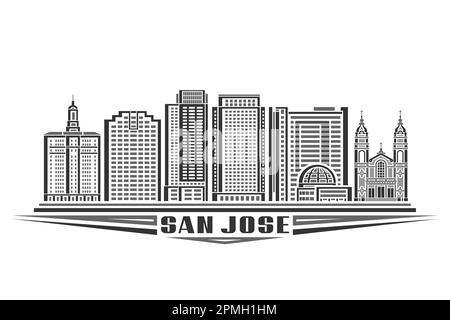 Illustration vectorielle de San Jose, carte monochrome avec design linéaire célèbre paysage de ville californienne, concept d'art urbain américain avec décoration Illustration de Vecteur