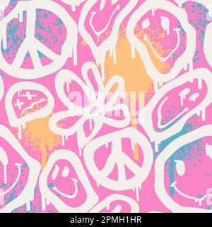 Un sourire éclatant un motif sans couture dans le style urbain de l'art de la rue avec une marguerite joyeuse rose. Motif graphique unisexe souterrain pour tee-shirts. Four à micro-ondes Hipster de style 90s. Arrière-plan psychédélique rave. Illustration de Vecteur