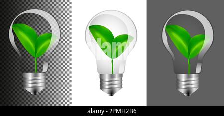 Ampoule électrique en verre transparent réaliste avec douille en métal E27, plante verte à l'intérieur. Green Clean Energy concept et Earth Day concept, amour pour Illustration de Vecteur