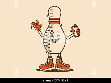 Mascotte dessin de personnage d'un bowling tenant une canette de bière Illustration de Vecteur