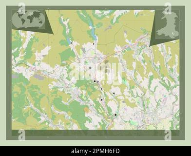 Merthyr Tydfil, région du pays de Galles - Grande-Bretagne. Ouvrez la carte des rues. Lieux des principales villes de la région. Cartes d'emplacement auxiliaire d'angle Banque D'Images