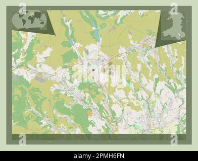 Merthyr Tydfil, région du pays de Galles - Grande-Bretagne. Ouvrez la carte des rues. Cartes d'emplacement auxiliaire d'angle Banque D'Images