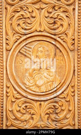 Une gravure en bois représentant Jésus Christ au monastère de Dumbrava, Roumanie. Banque D'Images