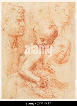 Dessin, étude de la tête d'homme, de femme et d'enfant, enfant assis; Giovanni Battista Naldini (italien, 1537 - 1591); Italie; craie rouge sur papier brun clair; 21,5 x 28,4 cm (8 7/16 x 11 3/16 po); Béquest d'Erskine Hewitt; 1938-57-928 Banque D'Images