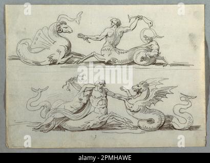 Dessin, Sea Centaur Battles Sea Monster; conçu par Felice Giani (italien, 1758–1823); Italie; craie noire sur papier blanc déposé; 27,3 x 19,5 cm (10 3/4 x 7 11/16 po.) Banque D'Images