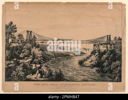 Print, Rail Road suspension Bridge, près des chutes Niagara; publié par Nathaniel Currier (américain, 1813–88), James Merritt Ives; d'après C. Parsons; États-Unis; Gravure sur papier ; image : 26,2 x 39,3 cm (10 5/16 x 15 1/2 po.) Cadre : 44,8 x 60,3 cm (17 5/8 x 23 3/4 po.) Banque D'Images