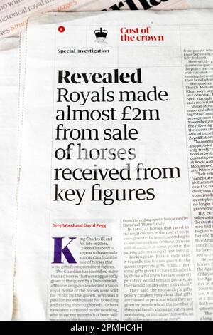 "Revealed Royals a fait près de £2m de la vente de chevaux reçus de chiffres clés" journal Guardian titre article 8 avril 2023 Londres Royaume-Uni Banque D'Images