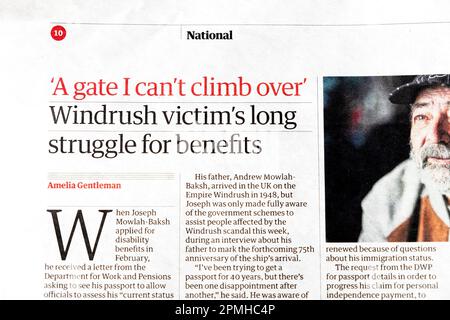 « Windrush victime's long combat for anstives » le journal Guardian gros titre article coupure découpe 8 avril 2023 Londres Angleterre Royaume-Uni Grande-Bretagne Banque D'Images