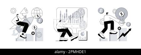 Ensemble d'illustrations vectorielles abstraites pour l'économie mondiale. Développement économique, indice boursier, capital intellectuel, institution financière, taux de change, métaphore de l’investissement monétaire. Illustration de Vecteur