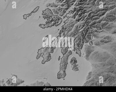 Argyll et Bute, région d'Écosse - Grande-Bretagne. Carte d'altitude en niveaux de gris avec lacs et rivières Banque D'Images