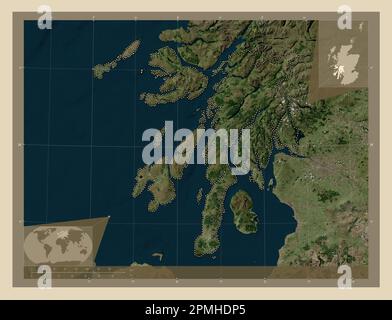 Argyll et Bute, région d'Écosse - Grande-Bretagne. Carte satellite haute résolution. Cartes d'emplacement auxiliaire d'angle Banque D'Images