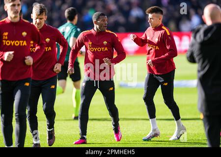 Rotterdam, pays-Bas. 13 avril 2023. Georginio Wijnaldum d'AS Roma, Stephan El Shaarawy d'AS Roma pendant le match entre Feyenoord v AS Roma au Stadion Feijenoord de Kuip le 13 avril 2023 à Rotterdam, aux pays-Bas. (Box to Box Pictures/Yannick Verhoeven) Banque D'Images