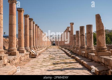 Ancienne route romaine en pierre avec une colonnade, Jerash, Jordanie, Moyen-Orient Banque D'Images