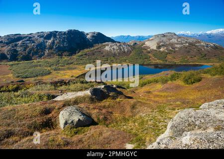 Petit lac avec Alaska Range en arrière-plan, vu de K'esugi Ridge Trail, parc national Denali, Matanuska-Susitna Borough, centre-sud de l'Alaska, Alaska Banque D'Images