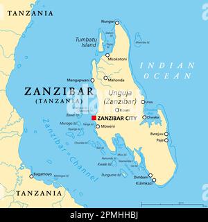 Zanzibar Island, Unguja, Tanzanie, carte politique. Île la plus grande et la plus peuplée de l'archipel de Zanzibar, dans l'océan Indien. Banque D'Images
