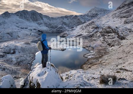 Walker surplombant le mont Snowdon (YR Wyddfa), y Lliwedd et Llyn Llydaw en hiver, Snowdon Horseshoe, MCG Dyli, Eryri, parc national de Snowdonia, N Banque D'Images