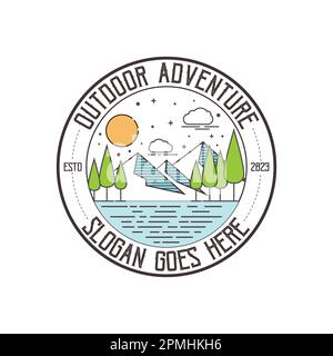 Modèle de logo d'aventure art de ligne vecteur eps 10. Logo vintage simple. Aventure en plein air, scène artistique de ligne, paysage de randonnée. Badge vecteur de stock. Illustration de Vecteur