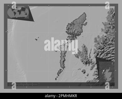 Na h-Eileanan Siar, région d'Écosse - Grande-Bretagne. Carte d'altitude à deux niveaux avec lacs et rivières. Cartes d'emplacement auxiliaire d'angle Banque D'Images