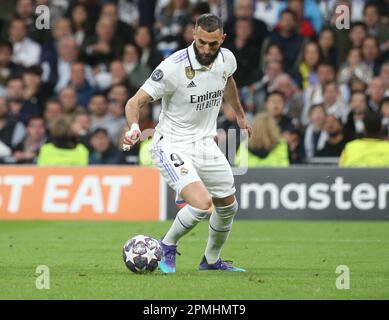 Madrid, Espagne. 12th avril 2023. Karim Benzema du Real Madrid pendant la Ligue des champions de l'UEFA, quart de finale, match de football à 1st jambes entre le Real Madrid et Chelsea sur 12 avril 2023 au stade Santiago Bernabeu à Madrid, Espagne - photo Laurent Lairys/DPPI crédit: DPPI Media/Alamy Live News Banque D'Images