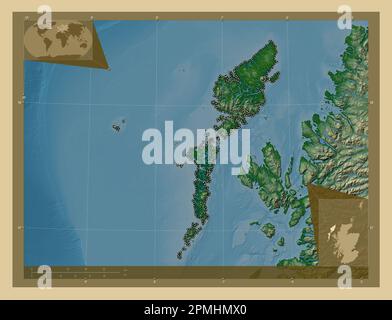 Na h-Eileanan Siar, région d'Écosse - Grande-Bretagne. Carte d'altitude en couleur avec lacs et rivières. Cartes d'emplacement auxiliaire d'angle Banque D'Images