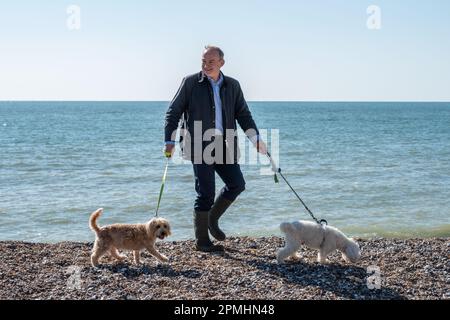 Eastbourne, 4 avril 2023: Le chef libéral démocrate Ed Davey sur la plage d'Eastbourne Banque D'Images