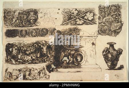 Dessin, frises; un sarcophage antique; Un vase; conçu par Felice Giani (italien, 1758–1823); Italie; stylo et encre marron foncé, pinceau et savon brun sur papier coudé; 27,2 x 41,9 cm (10 11/16 x 16 1/2 po) Banque D'Images