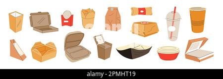 Ensemble de boîtes à emporter pour aliments Vector. Boîtes à lunch. Gobelets en carton, boîtes en papier recyclables. Livraison emballages vides pour pizza, glace, frites. Illustration de Vecteur